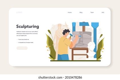 Sculptor web banner or landing page. Creating sculpture of the marble, wood and clay. Creative ceramist, sculpting decoration modeling. Art and hobby. Flat vector illustration