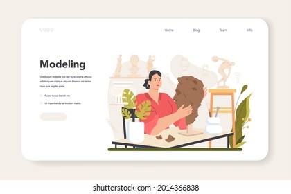 Sculptor web banner or landing page. Creating sculpture of the marble, wood and clay. Creative ceramist, sculpting decoration modeling. Art and hobby. Flat vector illustration