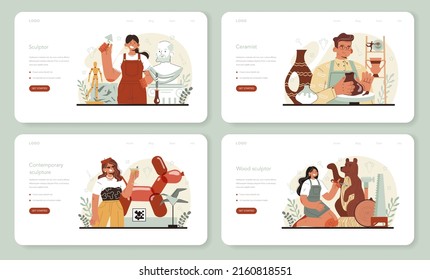 Sculptor web banner or landing page set. Creating sculpture of the marble, wood and clay. Creative ceramist, sculpting decoration modeling. Art and hobby. Flat vector illustration