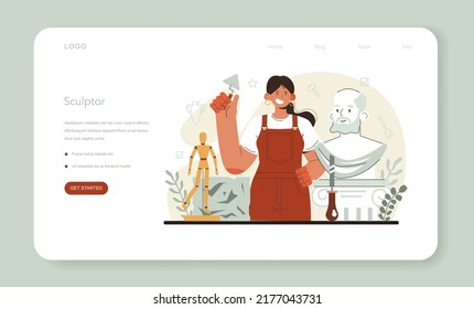 Sculptor web banner or landing page. Creating sculpture of the marble, wood and clay. Creative ceramist, sculpting decoration modeling. Art and hobby. Flat vector illustration