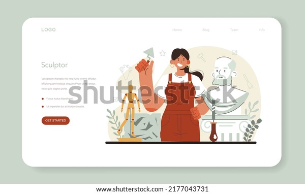 Sculptor web banner or\
landing page. Creating sculpture of the marble, wood and clay.\
Creative ceramist, sculpting decoration modeling. Art and hobby.\
Flat vector\
illustration