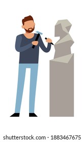 Sculptor at work. Modern cartoon male character make sculpture out of marble stone, talent artist with artwork statue and tools, creative profession and hobby vector flat cartoon isolated illustration