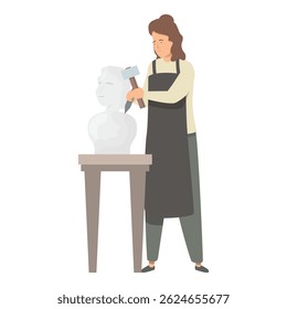 Sculptor is working on a marble bust, using a mallet and a chisel