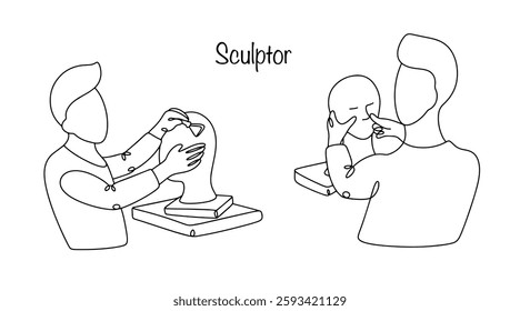 A sculptor is working on shaping a human face from clay. He smoothes out unevenness and uses his hands to form the correct contours of the face. Simple vector illustration for different uses. 
