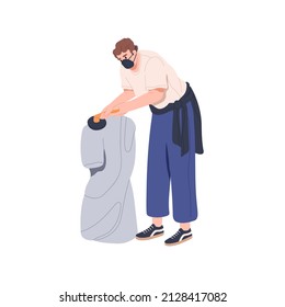 Sculptor working, sculpting statue with tool. Creative worker artisan making, creating sculpture. Craftsman, master at work process in workshop. Flat vector illustration isolated on white background