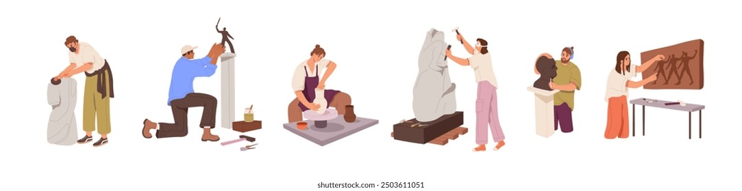 Los escultores crean estatuas. Creadores haciendo esculturas de piedra, arcilla, cerámica. Personas creativas esculpen, artesanalmente figuras con cincel, martillo. Ilustraciones vectoriales aisladas planas sobre fondo blanco