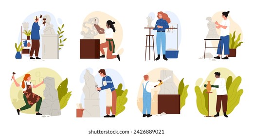 Sculptors work set, craftsmanship and profession. People workers making creative art sculptures in workshop, man and woman artists working with carving tools and clay cartoon vector illustration