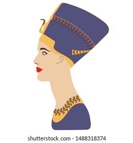 Sculptural bust of Queen of Egypt Nefertiti in a blue headdress decorated with gold jewelry and a stylized image of a cobra. The famous symbol of Egypt. The culture. Travels.
