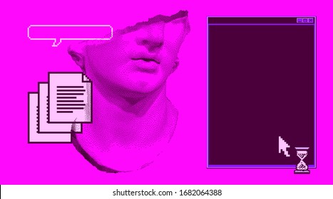 Sculpture in 8-bit pixel art style, old Hellenistic marble bust or Colossal head of a youth. Vaporwave retro style illustration.