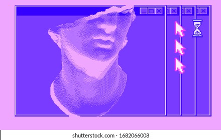 Sculpture in 8-bit pixel art style, old Hellenistic marble bust or Colossal head of a youth. Vaporwave retro style illustration.