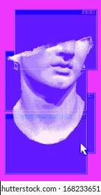 Sculpture in 8-bit pixel art style, old Hellenistic marble bust or Colossal head of a young person. Vaporwave retro style illustration. 