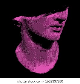 Sculpture in 8-bit pixel art style, old Hellenistic marble bust or Colossal head of a  young person. Vaporwave retro style illustration. 