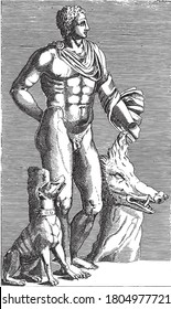 Escultura de Adonis con perro cazador y cabeza de jabalí, anónima, 1584, grabado vintage.