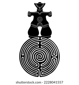 Dogū sculpture from ancient Japan on top of a round spiral maze or labyrinth symbol. Figurine of a prehistoric female deity. Black and white silhouette. Mysterious origin of Japanese culture.
