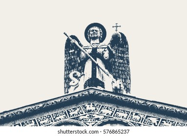 Sculpture of Angel on the roof of the church of San Michele in Foro in Luca