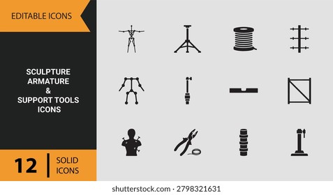 Sculpture armature and support tools solid icons showcasing structural frameworks reinforcement equipment modeling supports and sculpture construction resources.