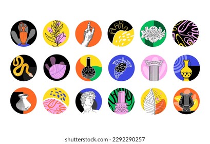 Sculpture art, Greek antique. Story highlighting icons collection for social media. Ancient Round sticker set. Trendy bohemian illustrations. Modern boho stickers for web, app and brand design.