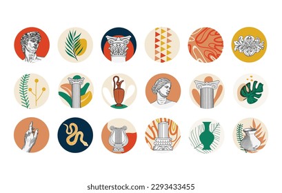 Sculpture art, Greek antique. Story highlighting icons collection for social media. Ancient Round sticker set. Trendy bohemian illustrations. Modern boho stickers for web, app and brand design.