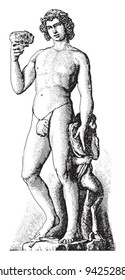 Sculpture of Bacchus (Dionysus) by Michelangelo / vintage illustration from Meyers Konversations-Lexikon 1897