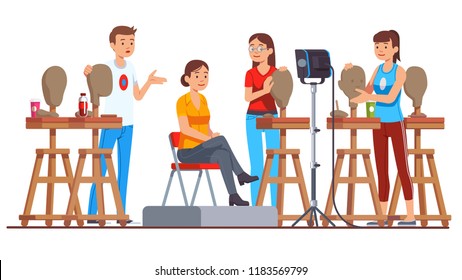 Sculpture class students modeling clay heads in art studio lesson with model woman sitting on chair & posing. Creativity hobby & handicraft work. Sculptor workplace interior. Flat vector illustration