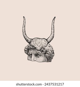 Sculpture of David with the horns of a bull. Spot work. Vector hand drawn illustration. Tattoo illustration, modern surreal art.