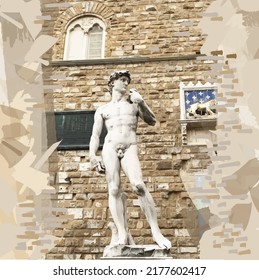 sculpture of david, italian sculpture, pictorial collage, florentine statue, famous masterpiece, symbol of freedom for Florence, Buonarotti