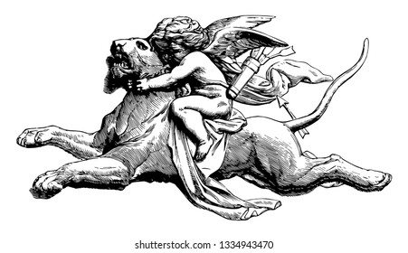 Sculpture depicts a cupid on a panther, vintage line drawing or engraving illustration.