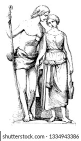 Sculpture was depicts Jacob and Rachel from the Bible, vintage line drawing or engraving illustration.