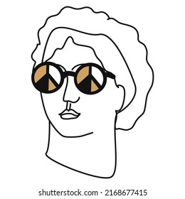 Sculpture from Greek mythology in one line David, wearing sunglasses with a symbol of peace. Abstract art of an ancient Greek classical statue, Michelangelo's head of David for tattoo, print.