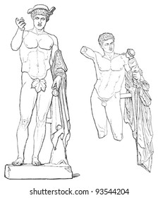 Sculpture of Hermes - greek sculpture / vintage illustration from Meyers Konversations-Lexikon 1897