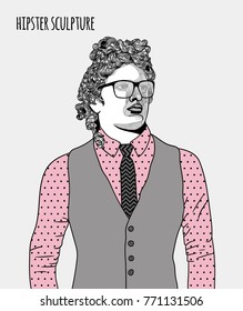 Sculpture of hipster Apollo dressed up with glasses. Hand drawn vector illustration.