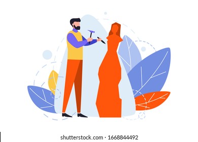 Sculpture, hobby, occupation, creativity, design concept. Man boy sculptor carving sculpture with hammer and chisel. Art image of hobby, peoples profession, creative lifestyle. Flat vector