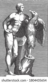 Escultura de Júpiter como águila con Ganymede, anónimo, 1584, grabado vintage.