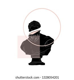 Sculpture of man in modern surreal style. Marble stature. Psychedelic fantasy design for sticker, tattoo, print for t-shirt, wall art.
