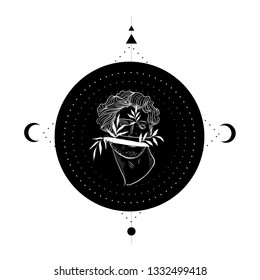 Sculpture of man in surreal style. Marble stature on black circle with esoteric elements of moon and triangles. Design for t-shirt, tattoo, print, wall art, sticker for social media. 