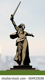 Sculpture Motherland calls. Ocher artwork on blurred background. Reinforced concrete sculpture. Symbol Volgograd.Creative figure, Russian Federation.Logo.Vector EPS 10
