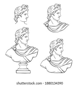 Sculpture of the mythological hero of the god of Ancient Greece. Black and white illustration of a classic Apollo bust and head. Unique artwork, line art