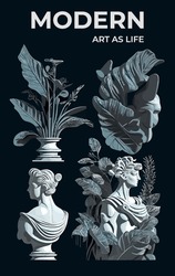 Sculpture And Plants. Art Posters For The Exhibition. A Set Of Vector Illustrations Isolated On Black. Ancient Greek Sculpture Decorated With Leaves And Abstraction For Cards And T-shirts.