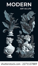 Sculpture   plants  Art posters for the exhibition  A set vector illustrations isolated black  Ancient Greek sculpture decorated and leaves   abstraction for cards   t  shirts 