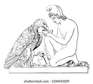 Sculpture is a prince from Greek mythology, vintage line drawing or engraving illustration.