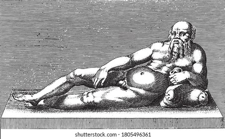 Escultura de Silenus, anónima, 1584, grabado vintage.