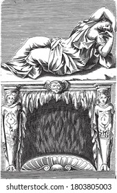 Escultura del Ariadne dormido sobre una chimenea, anónimo, 1584, grabado vintage.