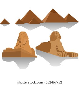 Sculpture Sphinx and the Egyptian pyramids. The illustration on a white background.