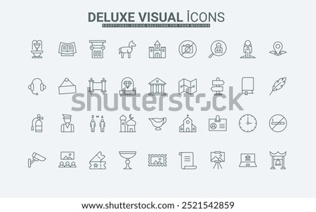 Sculpture, statue, and picture collection of thin black outline symbols vector illustration. City museum exhibit and building, heritage gallery of history and culture, archeology line icons set.