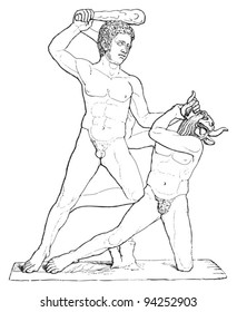 Sculpture of Theseus Slaying Minotaur / vintage illustration from Meyers Konversations-Lexikon 1897