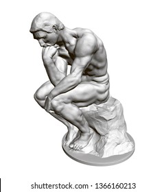 Sculpture Thinker. 3D. Statue of a seated man leaning his hand to his face. Vector illustration