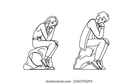 sculpture thinker phylosophy vector. man think, statue person, science old sculpture thinker phylosophy character. people black line illustration