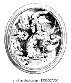 Sculpture is two dimensional statue, It represents a dog attacking a duck's nest in high relief style, vintage line drawing or engraving illustration.