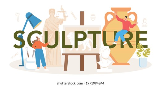 Sculpture typographic header. Creating sculpture of the marble, wood and clay. Creative ceramist, sculpting decoration modeling. Art and hobby. Flat vector illustration