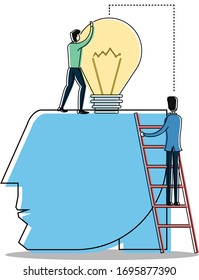 Sculpture vector concept with two male figures fixing and installing a big light bulb on a blue mouth statue, isolated in white background